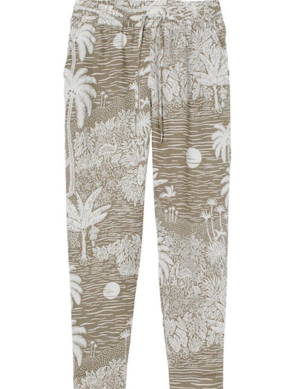 Ankle-Length Tropical Print Pull-On Pants - Taupe/White
